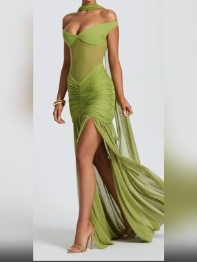Off-Shoulder Ruched Long Sleeve Maxi Dress in Olive Green